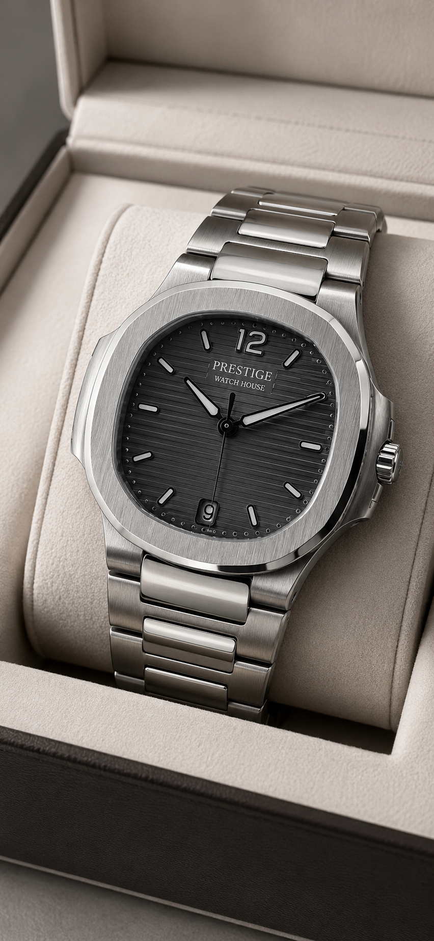Apex Graphite steel-tone integrated watch with dark textured dial