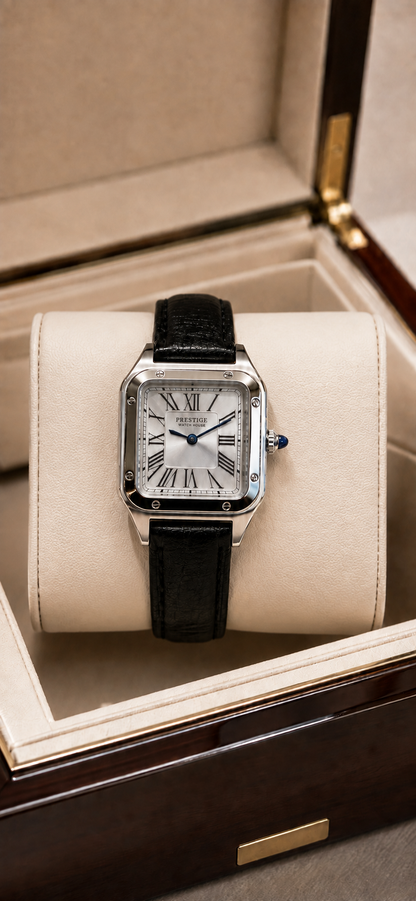 Atelier Roman Noir square watch with white Roman dial and black leather strap