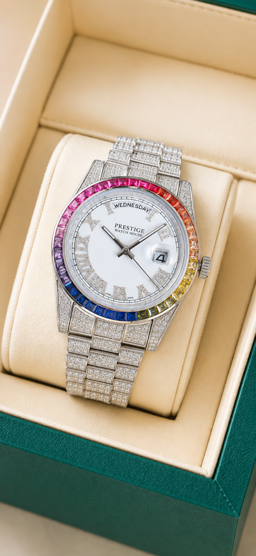 Aurora Spectrum Day-Date watch with rainbow bezel and crystal-set bracelet