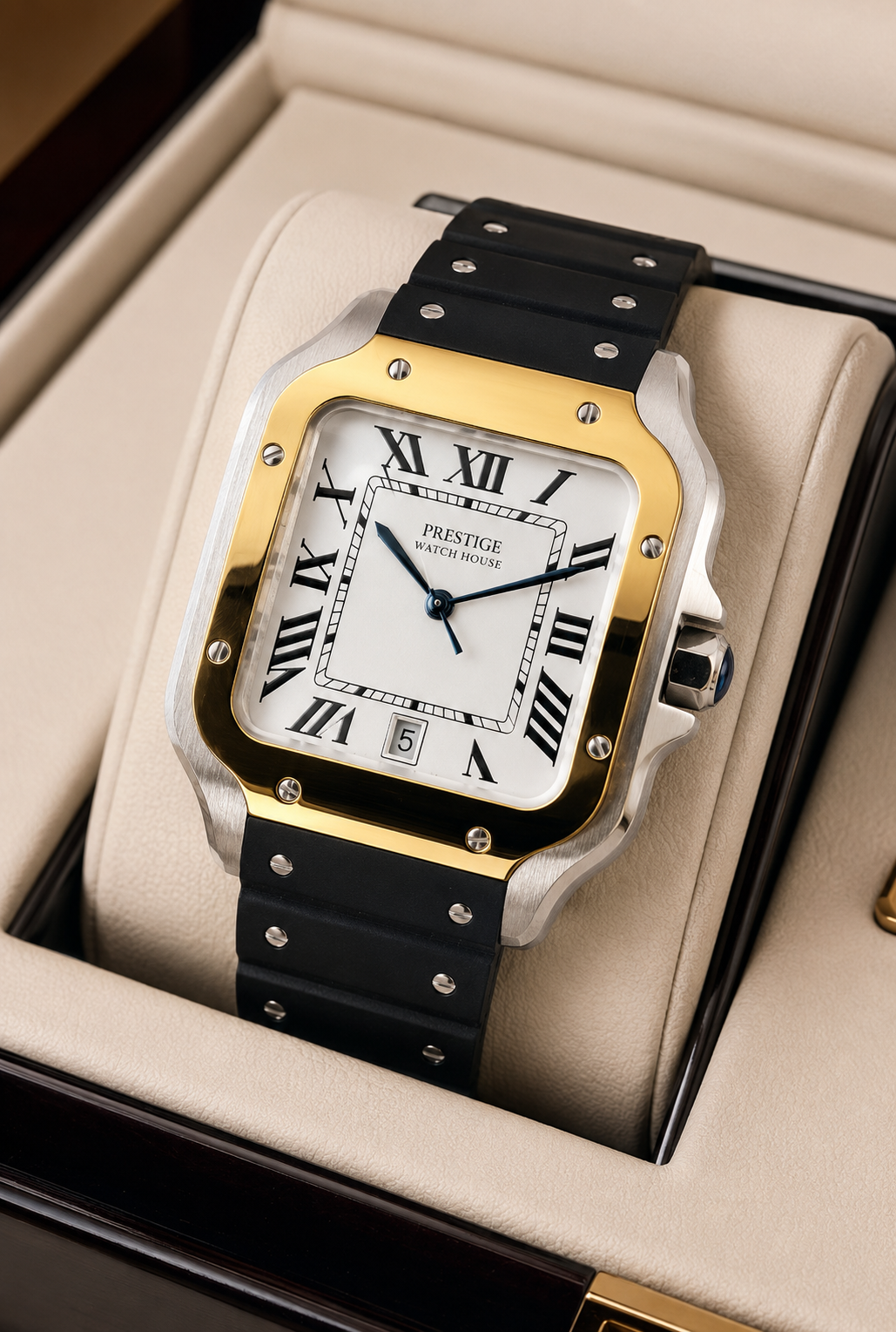 Regent Duo-Tone square watch with gold-tone bezel and black rubber strap