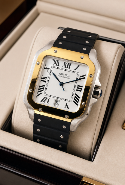 Regent Duo-Tone square watch with gold-tone bezel and black rubber strap