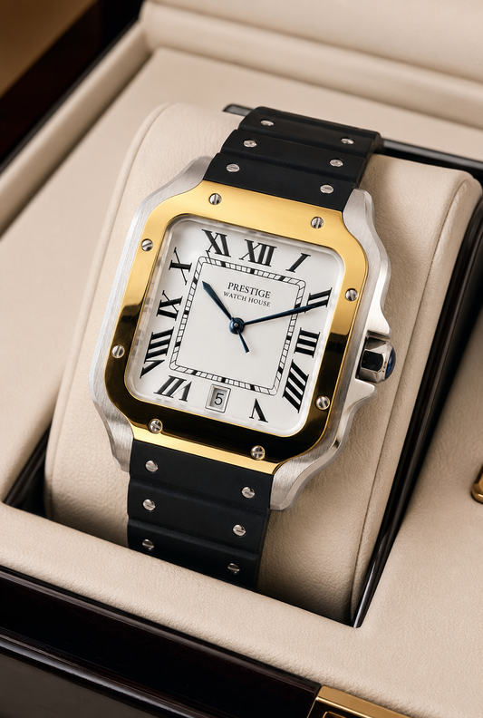 Regent Duo-Tone square watch with gold-tone bezel and black rubber strap