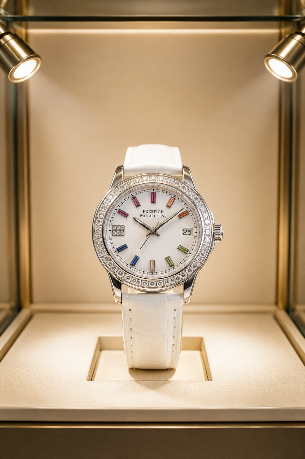 Celeste Prism white dress watch with colorful markers and crystal-style bezel