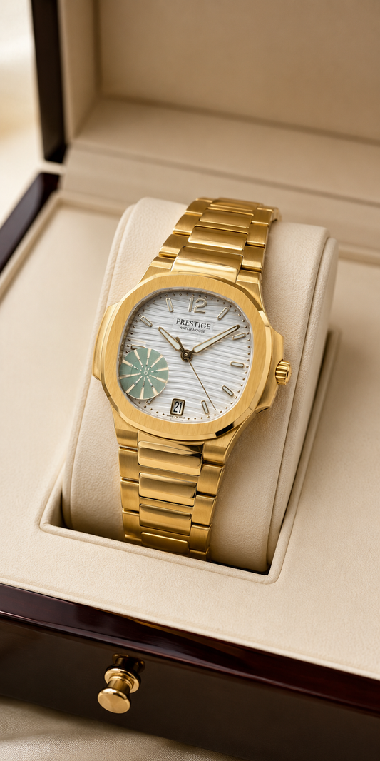 Apex Ivory Arc gold-tone integrated watch with ivory dial and aqua accent