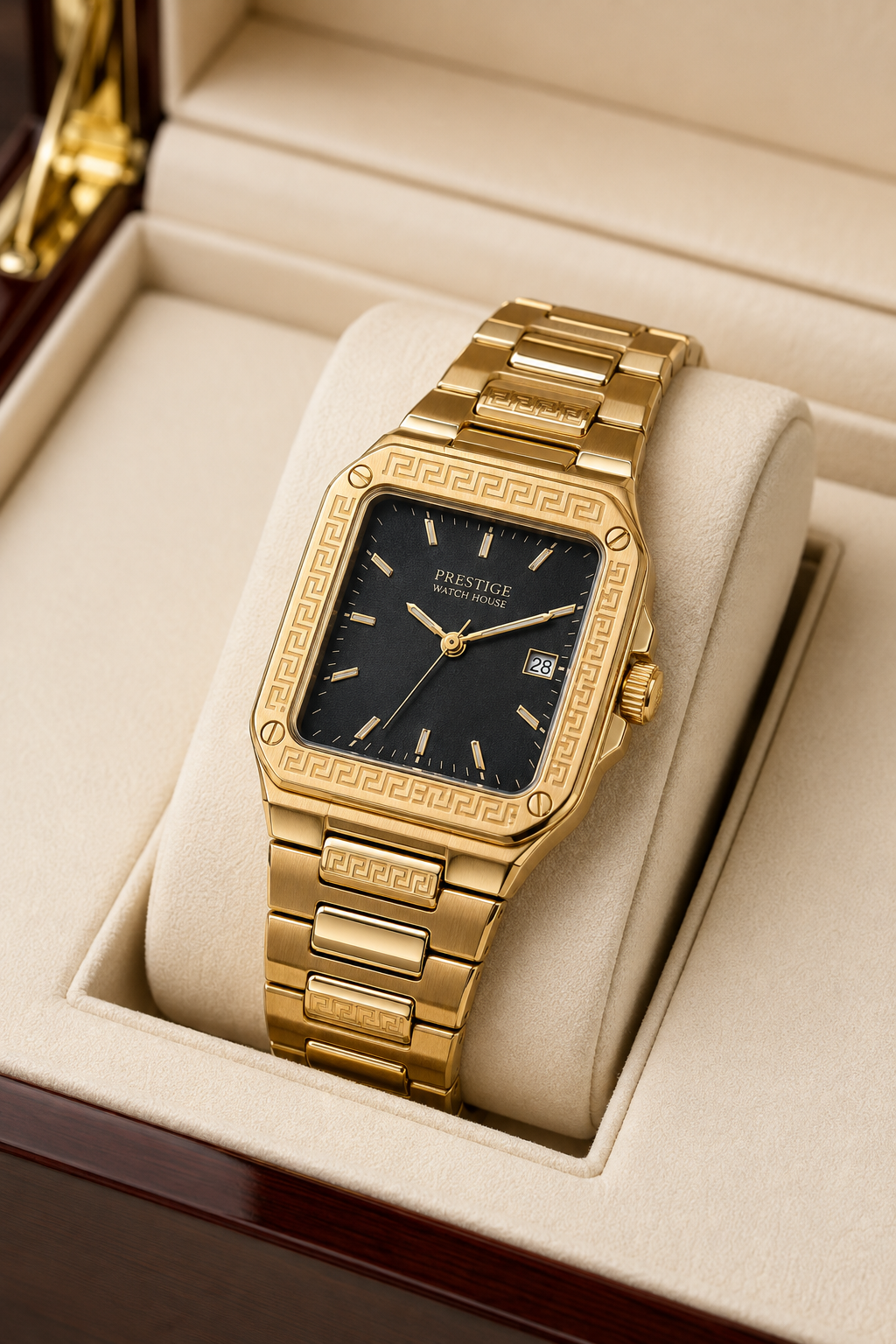 Regent Noir gold-tone square watch with black dial and geometric bracelet