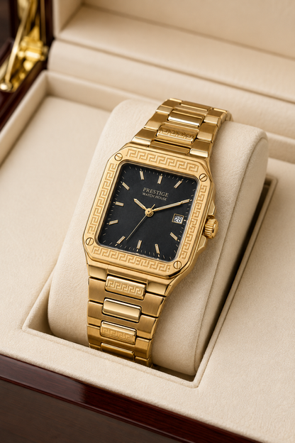 Regent Noir gold-tone square watch with black dial and geometric bracelet