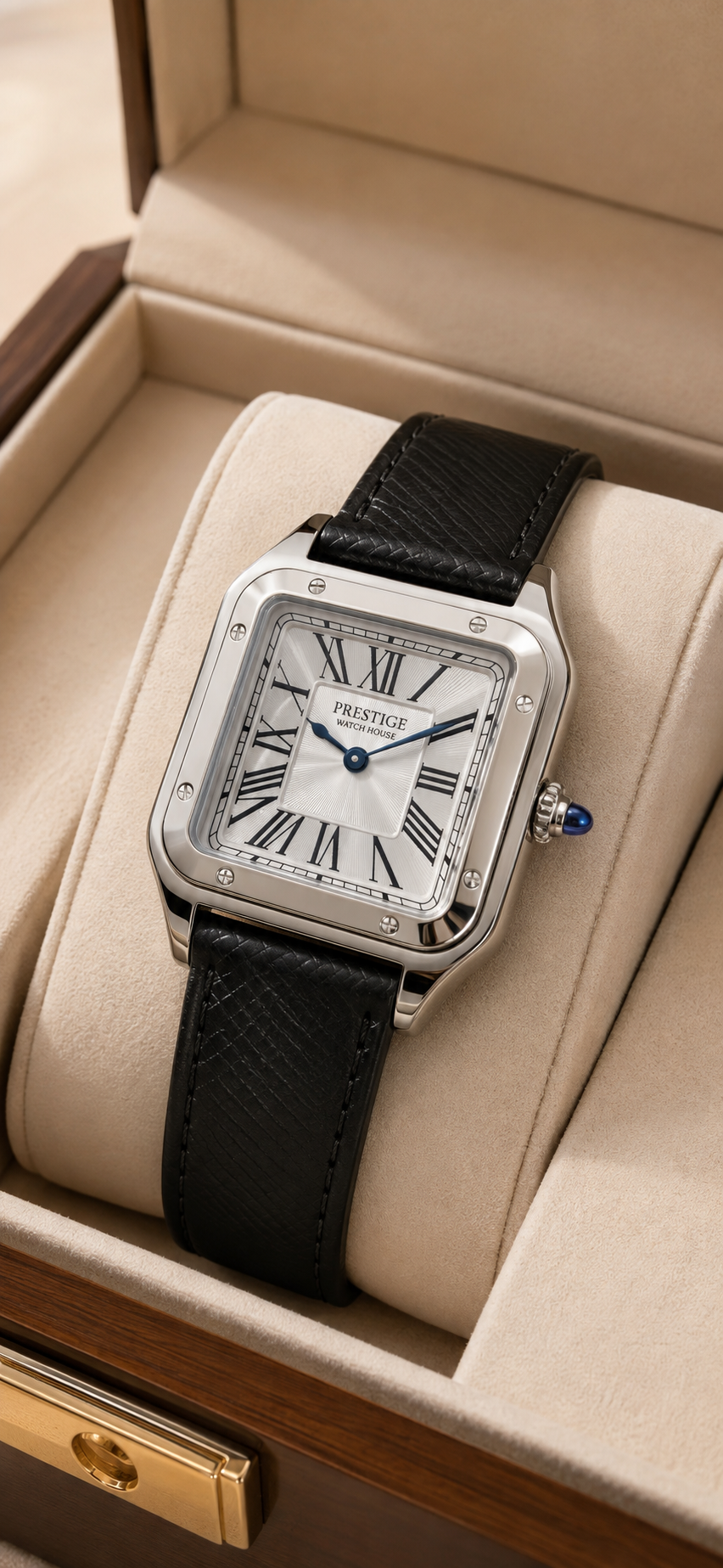 Atelier Roman Leather square silver-tone watch with black leather strap