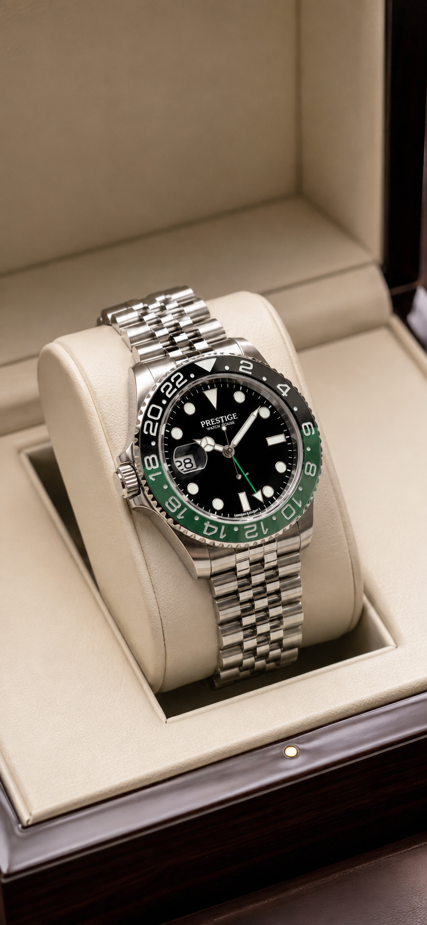 Meridian Green 24 steel-tone travel watch with green and black bezel