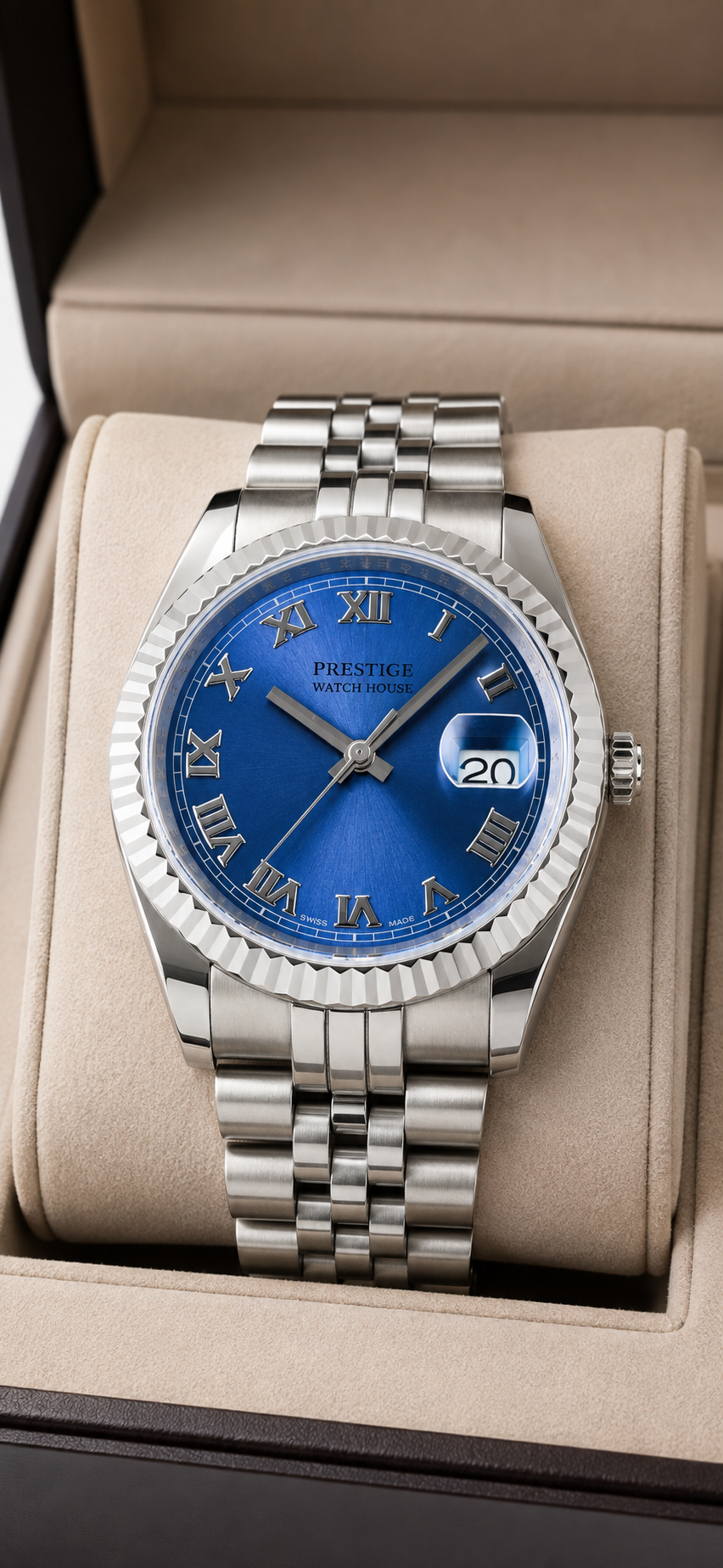 Sovereign Cobalt Roman steel-tone watch with blue dial and fluted bezel