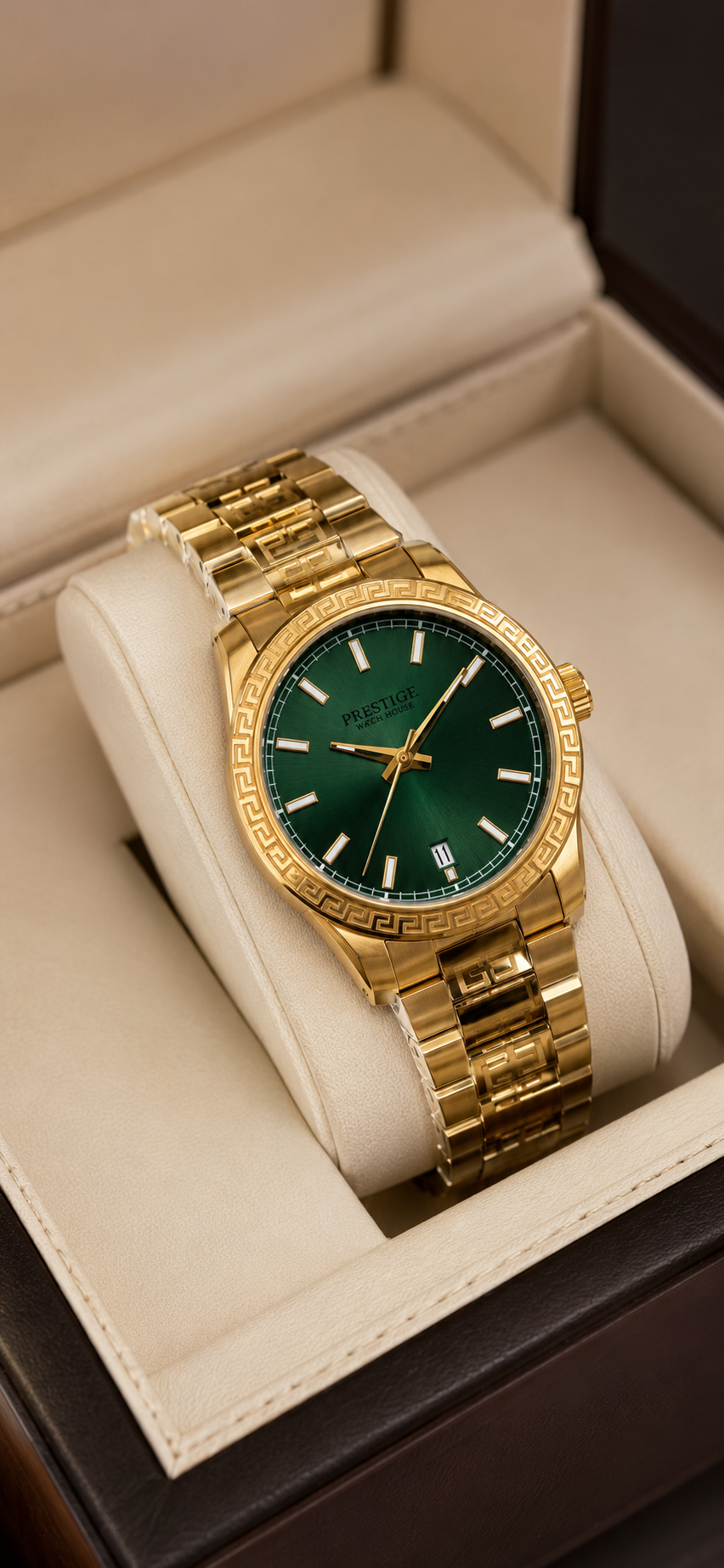 Sovereign Verdant gold-tone watch with green dial and geometric bezel