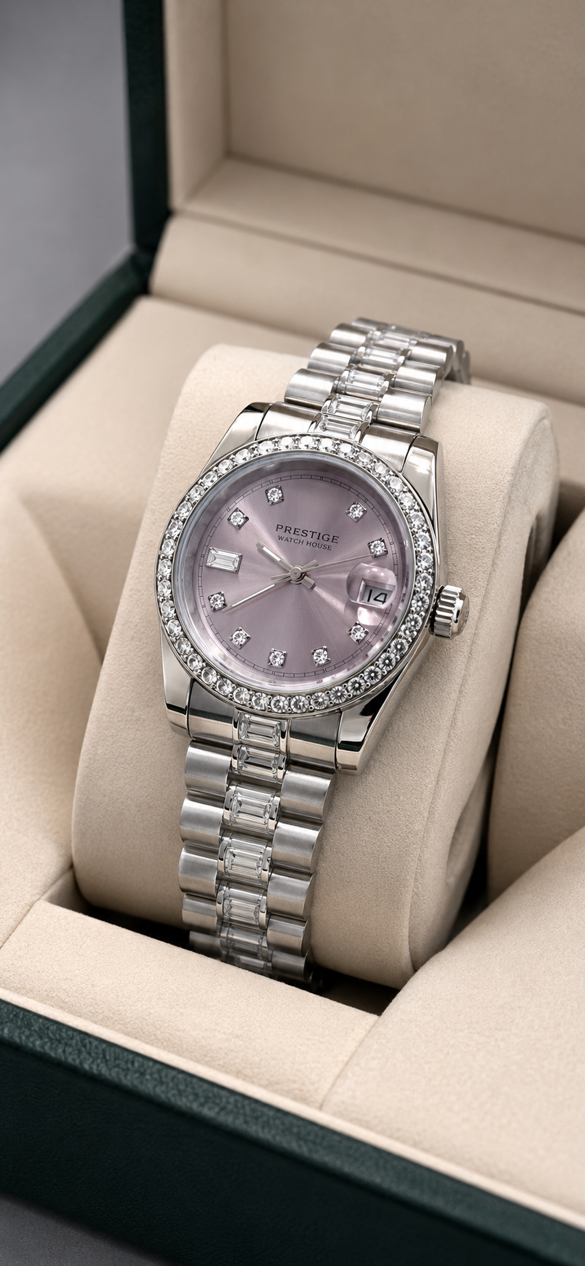 Aurora Amethyst silver-tone watch with lilac dial and crystal-style bezel