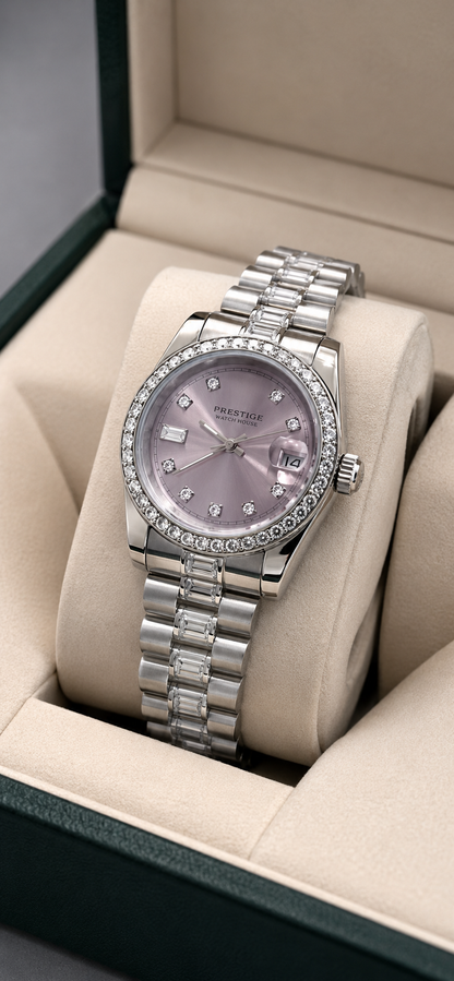 Aurora Amethyst silver-tone watch with lilac dial and crystal-style bezel