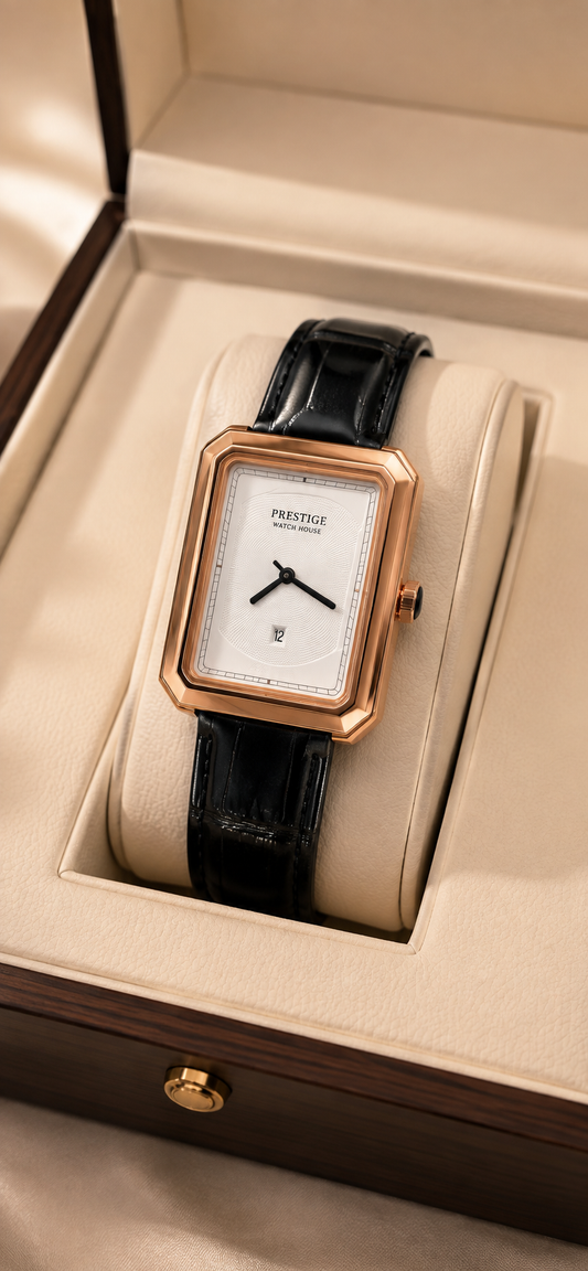 Atelier Rose rectangular watch with rose-gold-tone case and black leather strap