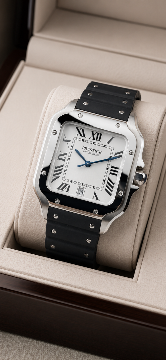 Regent Monochrome square watch with black rubber strap and white Roman dial