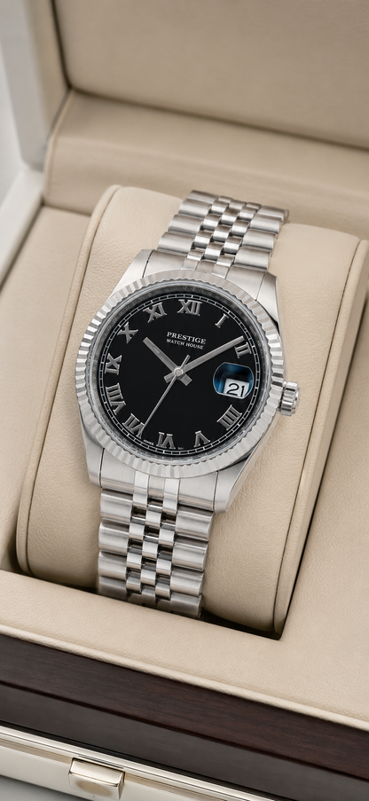 Sovereign Onyx Roman silver-tone watch with black dial and fluted bezel