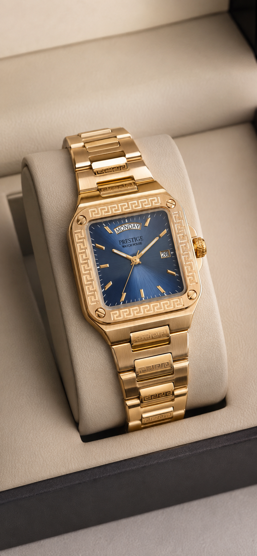 Regent Midnight Calendar gold-tone square watch with blue dial