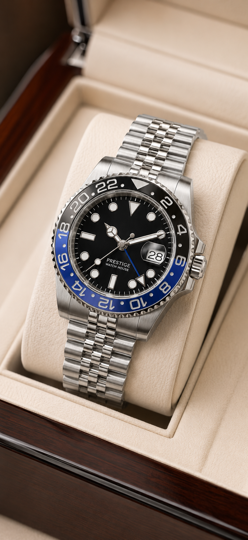 Meridian Blue 24 steel-tone travel watch with blue and black bezel