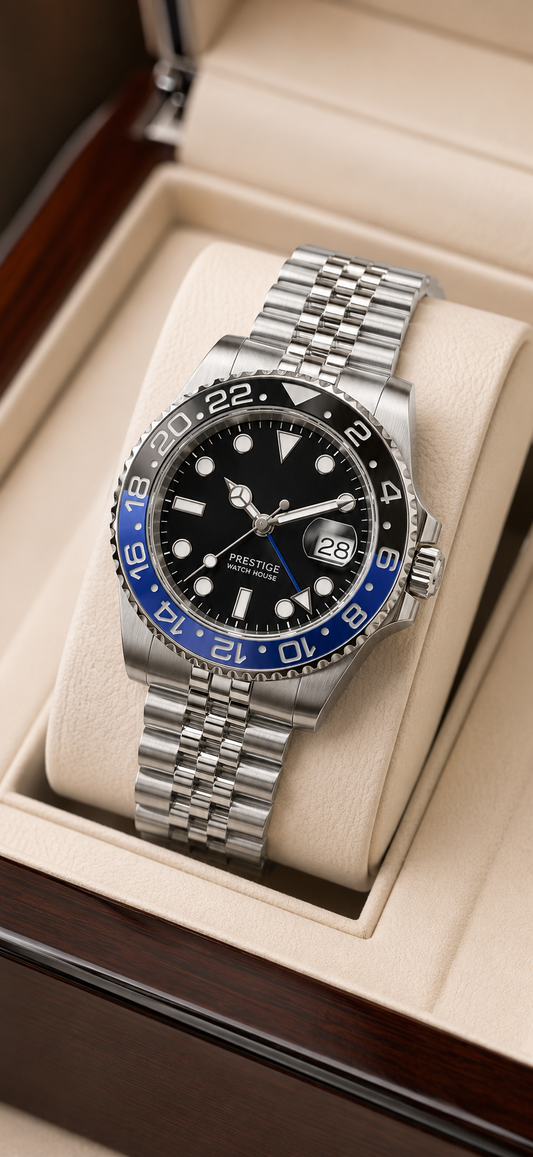 Meridian Blue 24 steel-tone travel watch with blue and black bezel