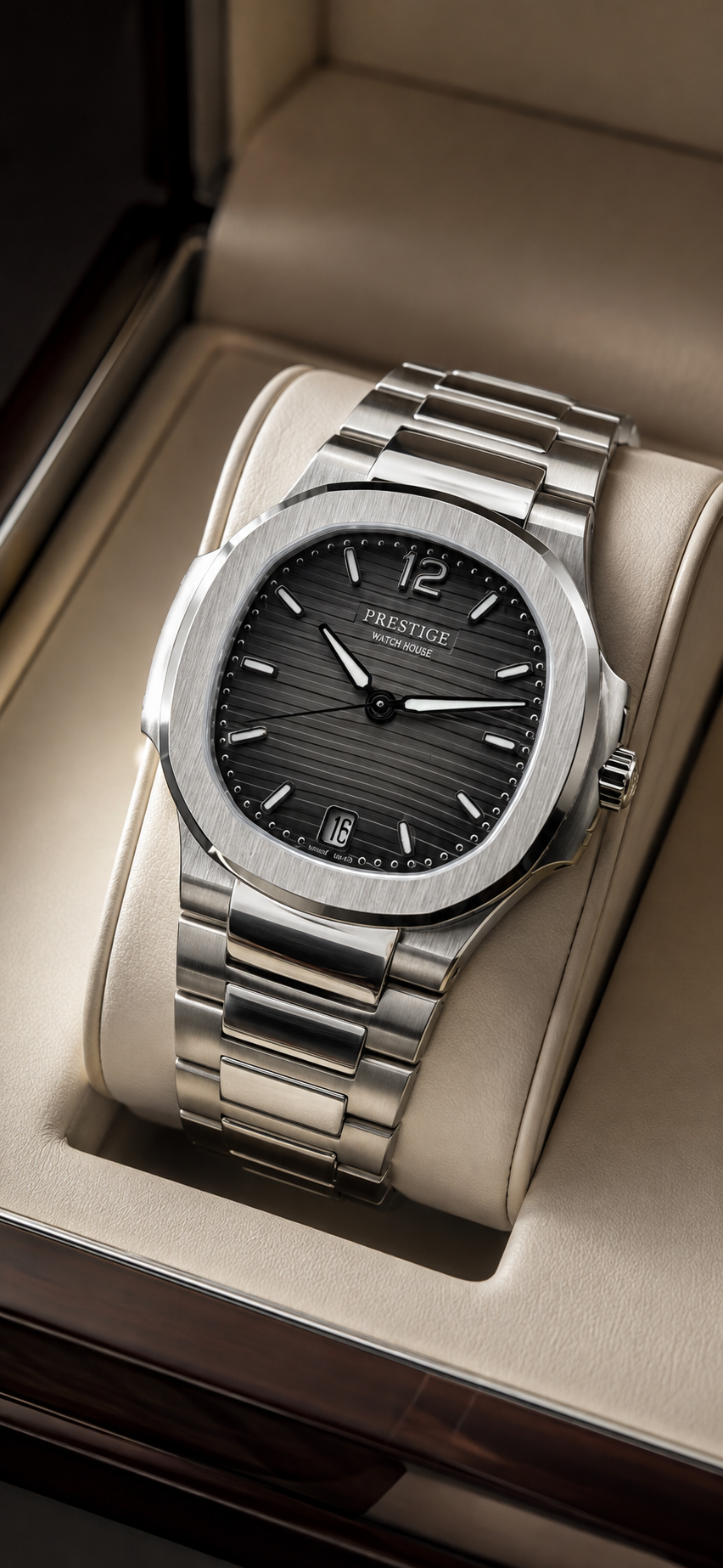 Apex Slate steel-tone integrated watch with textured dark dial