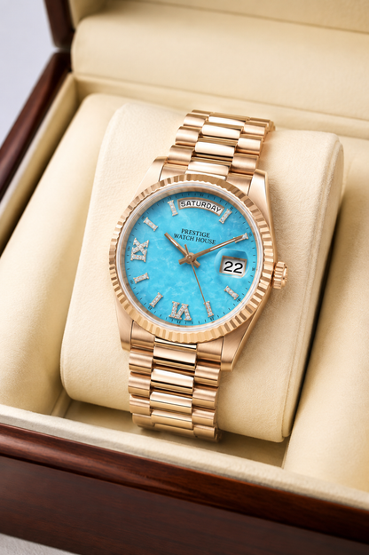 Sovereign Riviera Day-Date rose-gold-tone watch with turquoise dial