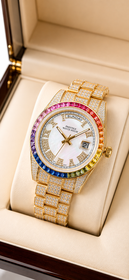 Aurora Spectrum Gold watch with rainbow bezel and gold-tone crystal-set bracelet