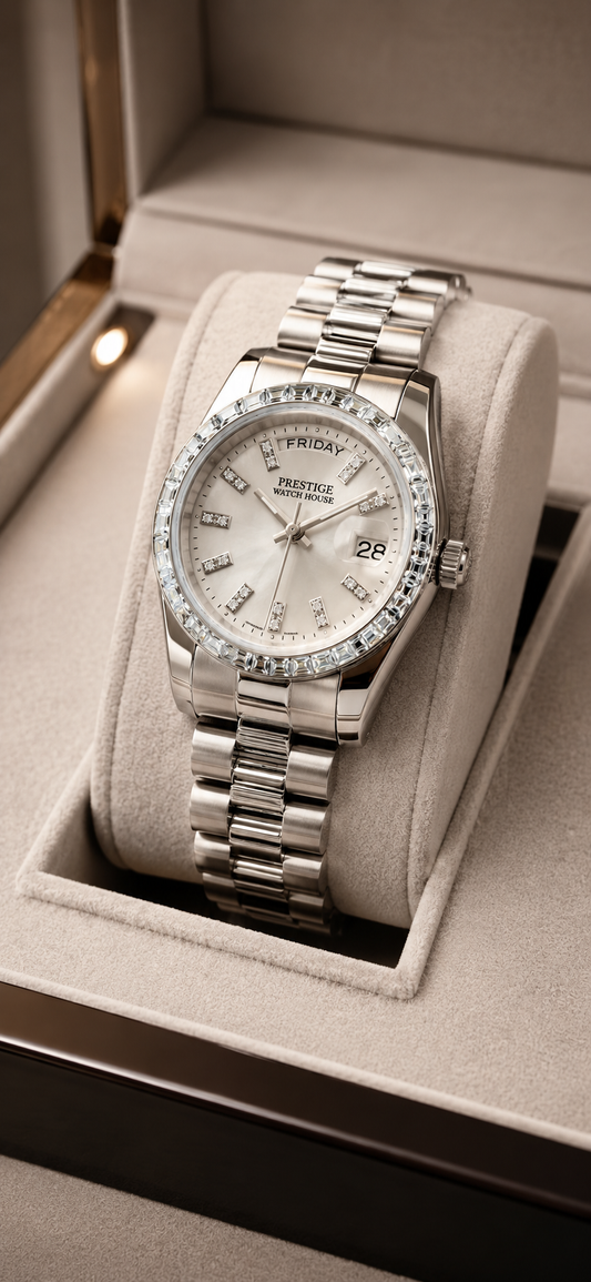 Aurora Brilliant Date silver-tone watch with crystal-style bezel and white dial